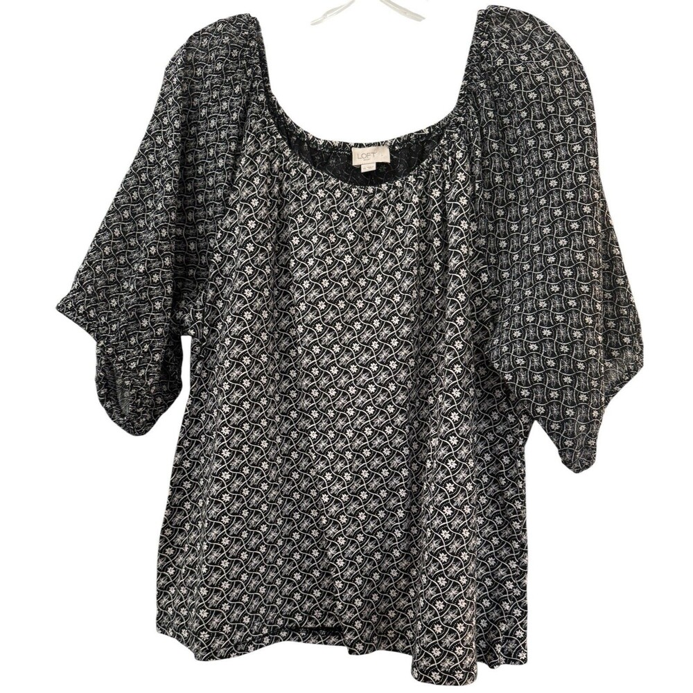 Loft Outlet Peasant Top Puff Sheer Sleeve Womens Size XL Black White Floral Boho - Picture 1 of 8